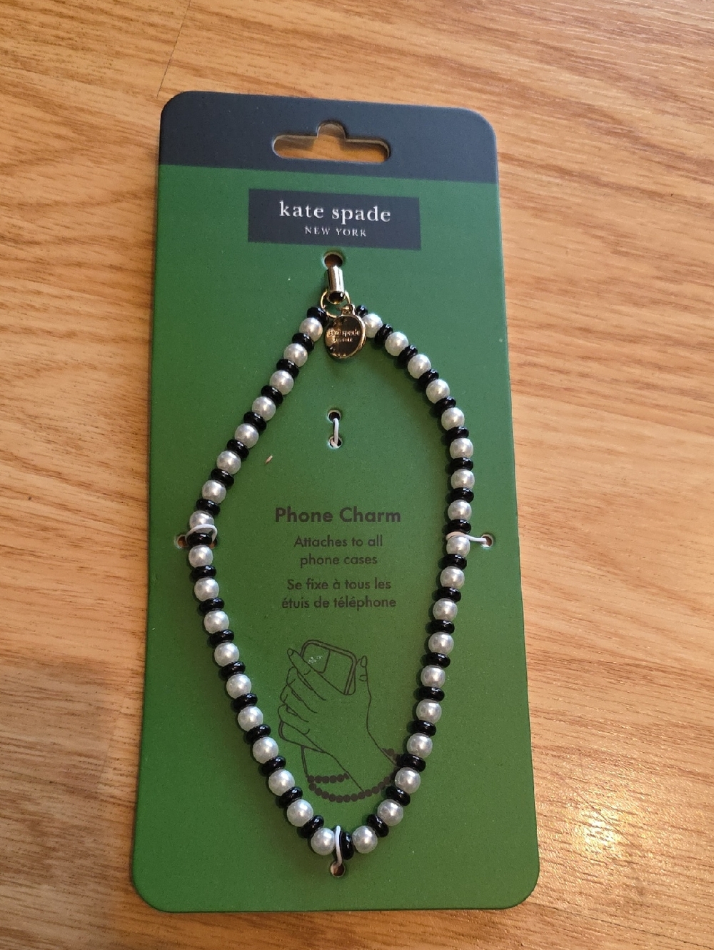 kate spade Black and Pearl Beaded Phone Charm with Gold Logo
